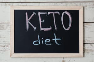 Blackboard with text "Keto Diet" on wooden background, top view. Ketogenic diet concept, a new trend in slimming. Nutrition concept