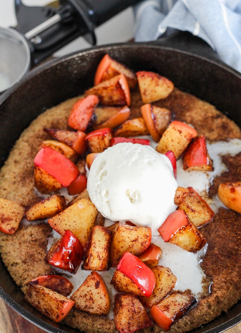 Paleo Snickerdoodle Cookie Skillet with Cinnamon Apple Topping - Shaped ...