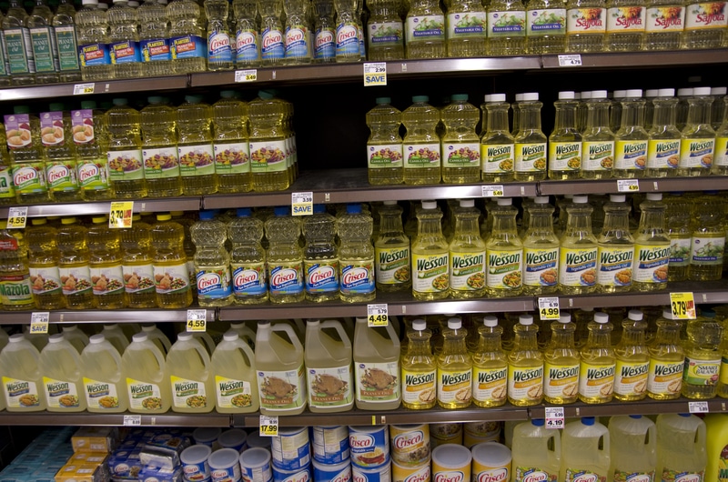 Canola oil on grocery store shelves.