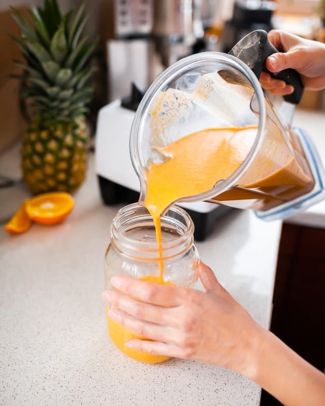 Woman pouring yellow smoothie from blender into mason jar. 