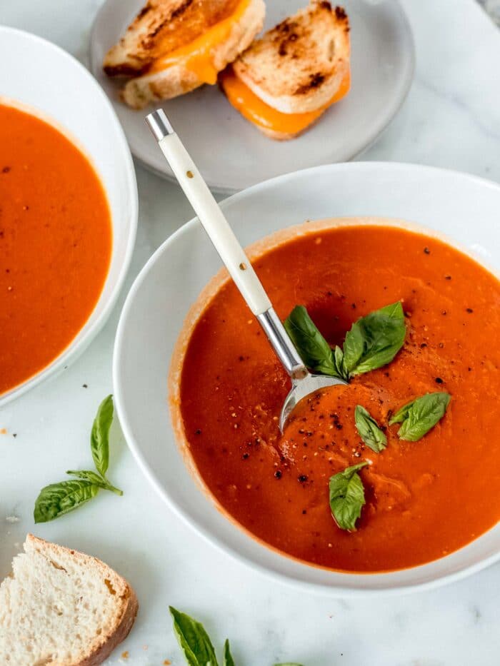 Creamy Tomato Soup Shooters with Mini Grilled Cheese, Vegan